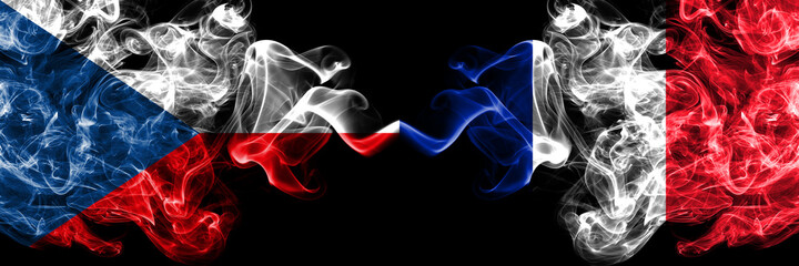 Czech Republic, Czech vs France, French smoky mystic flags placed side by side. Thick colored silky abstract smoke flags.