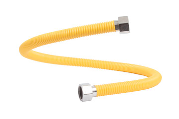 Flexible gas hose. Yellow gas line connector. Isolated on a white background.