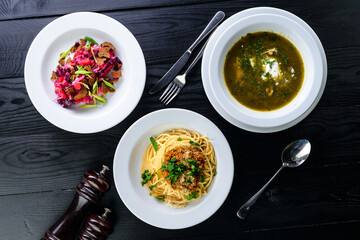 Three-course set menu for a nutritious healthy lunch in a restaurant, Three course set on table in business lunch, food set lunch