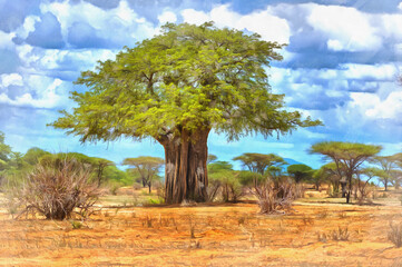 Fototapeta na wymiar Lonely tree savanna landscape colorful painting looks like picture, Tanzania, East Africa.