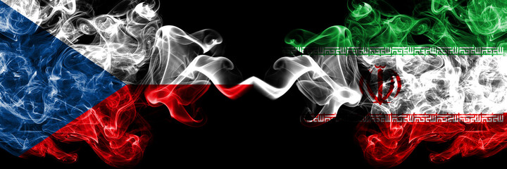 Czech Republic, Czech vs Iran, Iranian smoky mystic flags placed side by side. Thick colored silky abstract smoke flags.
