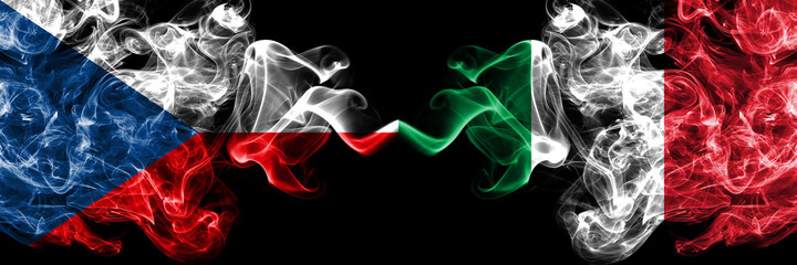 Czech Republic, Czech vs Italy, Italian smoky mystic flags placed side by side. Thick colored silky abstract smoke flags.