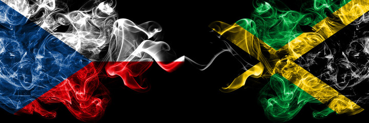 Czech Republic, Czech vs Jamaica, Jamaican smoky mystic flags placed side by side. Thick colored silky abstract smoke flags.