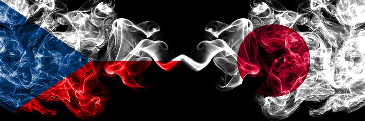 Czech Republic, Czech vs Japan, Japanese smoky mystic flags placed side by side. Thick colored silky abstract smoke flags.