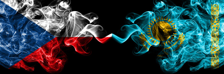 Czech Republic, Czech vs Kazakhstan, Kazakhstani smoky mystic flags placed side by side. Thick colored silky abstract smoke flags.