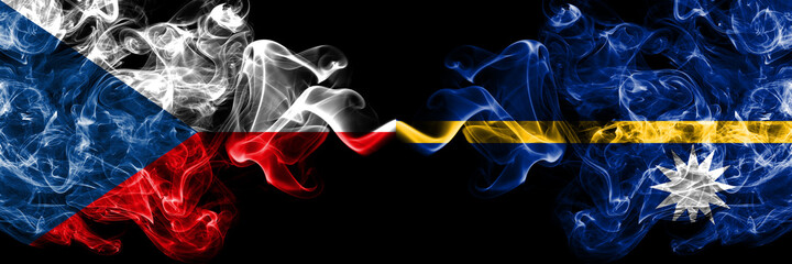 Czech Republic, Czech vs Nauru, Nauruan smoky mystic flags placed side by side. Thick colored silky abstract smoke flags.