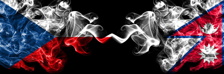 Czech Republic, Czech vs Nepal, Nepali, Nepalese smoky mystic flags placed side by side. Thick colored silky abstract smoke flags.