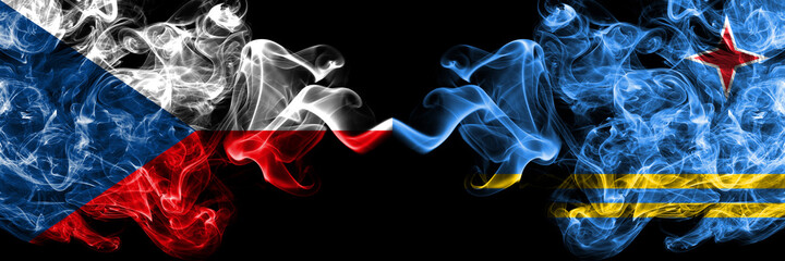 Czech Republic, Czech vs Netherlands, Dutch, Holland, Aruba smoky mystic flags placed side by side. Thick colored silky abstract smoke flags.