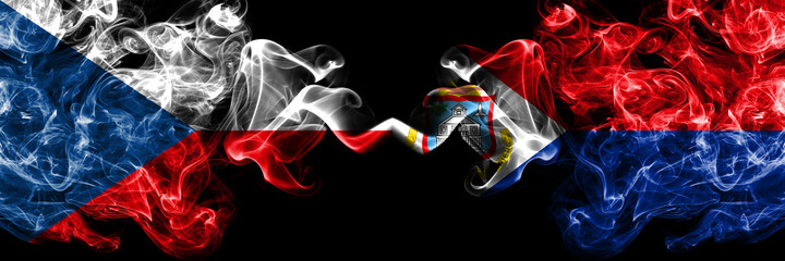 Czech Republic, Czech vs Netherlands, Dutch, Holland, Sint Maarten smoky mystic flags placed side by side. Thick colored silky abstract smoke flags.