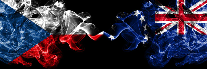 Czech Republic, Czech vs New Zealand, Cook Islands smoky mystic flags placed side by side. Thick colored silky abstract smoke flags.