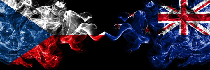 Czech Republic, Czech vs New Zealand, Kiwi smoky mystic flags placed side by side. Thick colored silky abstract smoke flags.