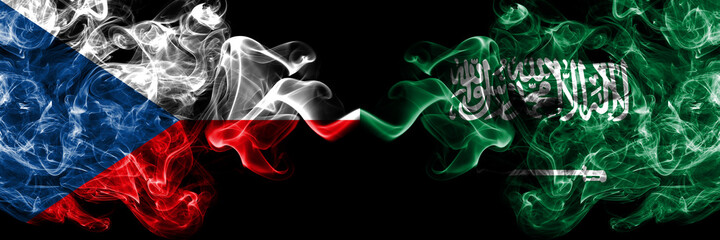 Czech Republic, Czech vs Saudi Arabia, Arabian smoky mystic flags placed side by side. Thick colored silky abstract smoke flags.