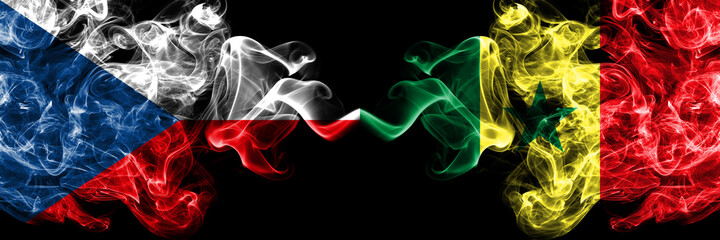 Czech Republic, Czech vs Senegal smoky mystic flags placed side by side. Thick colored silky abstract smoke flags.