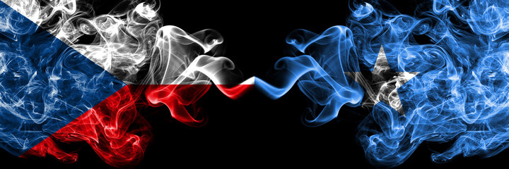 Czech Republic, Czech vs Somalia, Somali smoky mystic flags placed side by side. Thick colored silky abstract smoke flags.