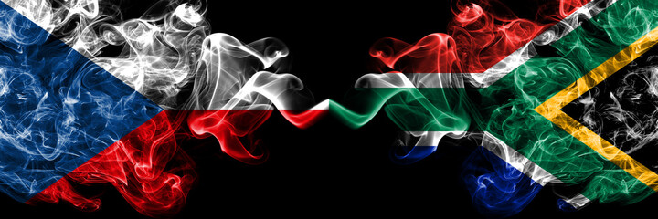 Czech Republic, Czech vs South Africa, African smoky mystic flags placed side by side. Thick colored silky abstract smoke flags.