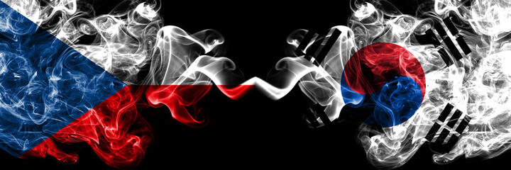Czech Republic, Czech vs South Korea, Korean smoky mystic flags placed side by side. Thick colored silky abstract smoke flags.