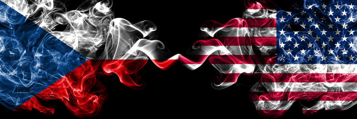 Czech Republic, Czech vs United States of America, America, US, USA, American smoky mystic flags placed side by side. Thick colored silky abstract smoke flags.