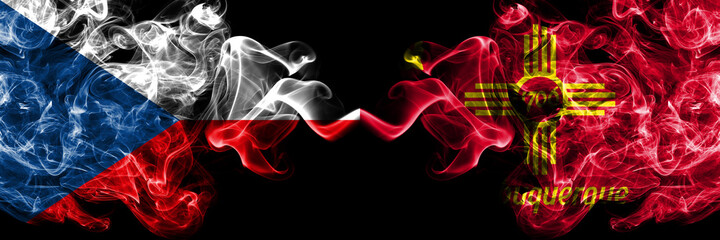 Czech Republic, Czech vs United States of America, America, US, USA, American, Albuquerque, New Mexico smoky mystic flags placed side by side. Thick colored silky abstract smoke flags.