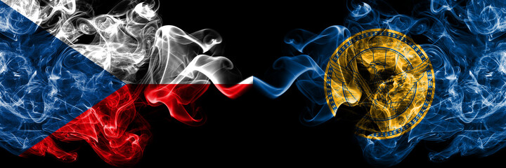 Czech Republic, Czech vs United States of America, America, US, USA, American, Atlanta, Georgia smoky mystic flags placed side by side. Thick colored silky abstract smoke flags.