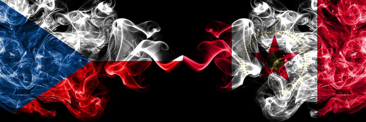 Czech Republic, Czech vs United States of America, America, US, USA, American, Birmingham, Alabama smoky mystic flags placed side by side. Thick colored silky abstract smoke flags.