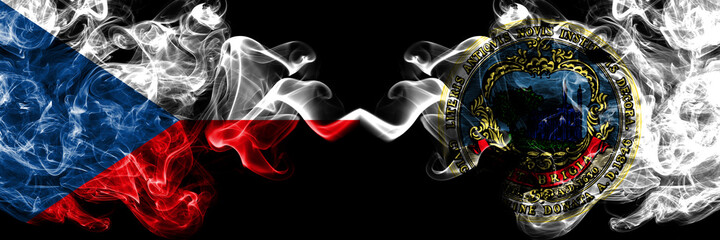 Czech Republic, Czech vs United States of America, America, US, USA, American, Cambridge, Massachusetts smoky mystic flags placed side by side. Thick colored silky abstract smoke flags.