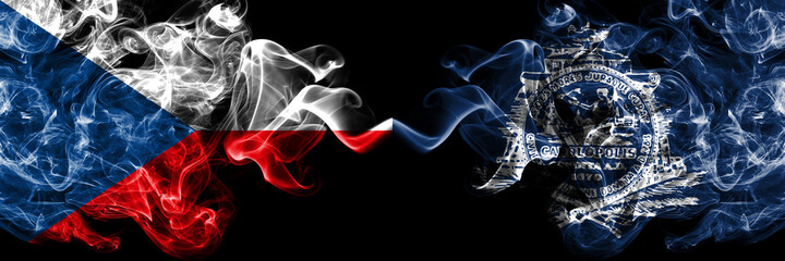 Czech Republic, Czech vs United States of America, America, US, USA, American, Charleston, South Carolina smoky mystic flags placed side by side. Thick colored silky abstract smoke flags.