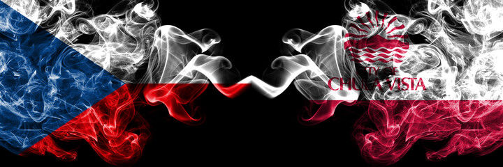 Czech Republic, Czech vs United States of America, America, US, USA, American, Chula Vista, California smoky mystic flags placed side by side. Thick colored silky abstract smoke flags.