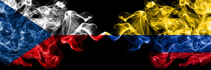 Fototapeta premium Czech Republic, Czech vs United States of America, America, US, USA, American, Colombia, Colombian smoky mystic flags placed side by side. Thick colored silky abstract smoke flags.