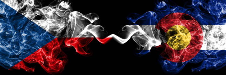 Czech Republic, Czech vs United States of America, America, US, USA, American, Colorado smoky mystic flags placed side by side. Thick colored silky abstract smoke flags.
