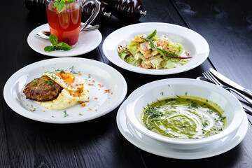 Three-course set menu for a nutritious healthy lunch in a restaurant, Three course set on table in business lunch, food set lunch