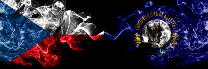 Czech Republic, Czech vs United States of America, America, US, USA, American, Kentucky smoky mystic flags placed side by side. Thick colored silky abstract smoke flags.