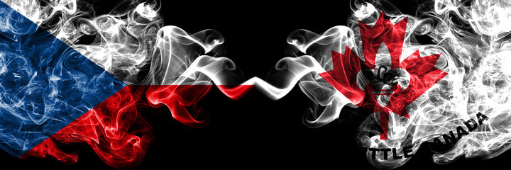 Czech Republic, Czech vs United States of America, America, US, USA, American, Little Canada, Minnesota smoky mystic flags placed side by side. Thick colored silky abstract smoke flags.