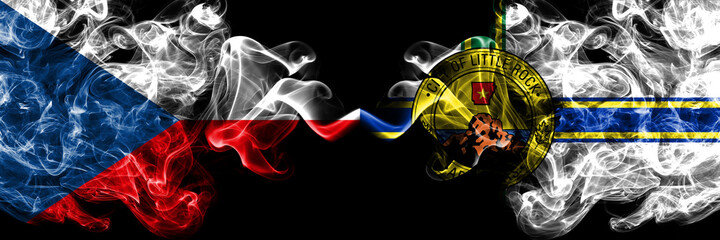 Czech Republic, Czech vs United States of America, America, US, USA, American, Little Rock smoky mystic flags placed side by side. Thick colored silky abstract smoke flags.