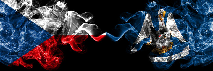 Czech Republic, Czech vs United States of America, America, US, USA, American, Louisiana smoky mystic flags placed side by side. Thick colored silky abstract smoke flags.