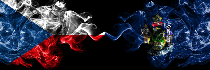 Czech Republic, Czech vs United States of America, America, US, USA, American, Maine smoky mystic flags placed side by side. Thick colored silky abstract smoke flags.