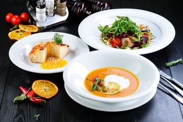 Three-course set menu for a nutritious healthy lunch in a restaurant, Three course set on table in business lunch, food set lunch