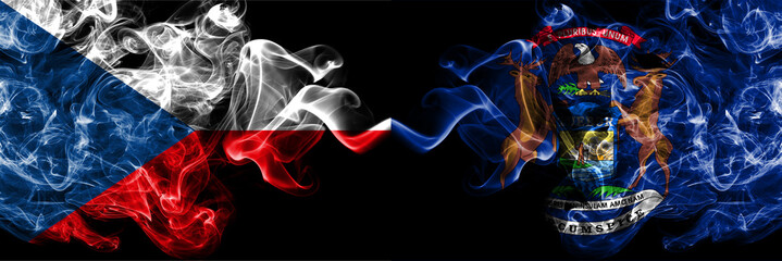 Czech Republic, Czech vs United States of America, America, US, USA, American, Michigan smoky mystic flags placed side by side. Thick colored silky abstract smoke flags.