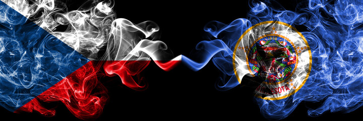 Czech Republic, Czech vs United States of America, America, US, USA, American, Minnesota smoky mystic flags placed side by side. Thick colored silky abstract smoke flags.