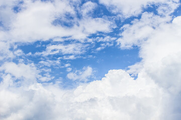 Blue sky with white clouds in horizontal orientation with copy space. 