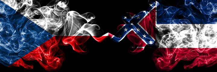 Czech Republic, Czech vs United States of America, America, US, USA, American, Mississippi smoky mystic flags placed side by side. Thick colored silky abstract smoke flags.