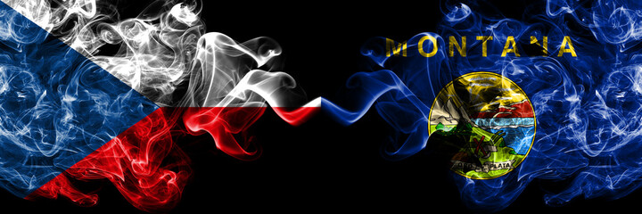 Czech Republic, Czech vs United States of America, America, US, USA, American, Montana smoky mystic flags placed side by side. Thick colored silky abstract smoke flags.