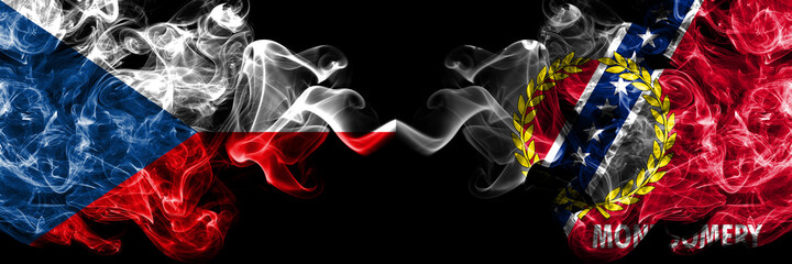 Czech Republic, Czech vs United States of America, America, US, USA, American, Montgomery, Alabama smoky mystic flags placed side by side. Thick colored silky abstract smoke flags.
