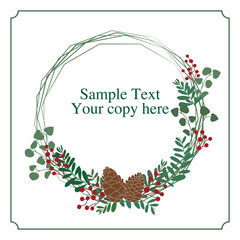 Christmas round frame layout with winter green and berries. Holiday label template vector illustration.クリスマスリースイラスト、年末年始飾り、リースデコレーションイラスト