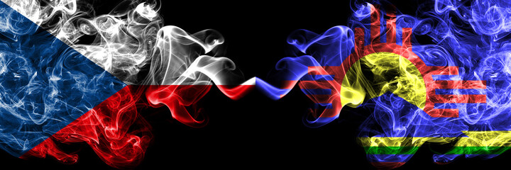 Czech Republic, Czech vs United States of America, America, US, USA, American, Roswell, New Mexico smoky mystic flags placed side by side. Thick colored silky abstract smoke flags.