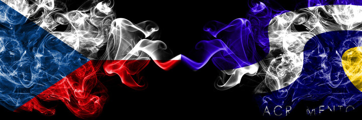 Czech Republic, Czech vs United States of America, America, US, USA, American, Sacramento, California smoky mystic flags placed side by side. Thick colored silky abstract smoke flags.