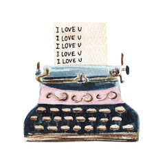Hand painted Watercolor Vintage Typewriter Illustration isolated on white background. Illustration for Valentine's day. Element for design greeting card, sticker, poster.