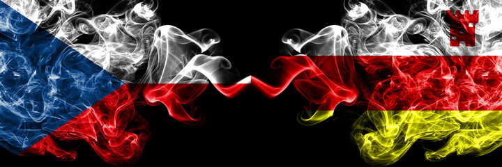 Czech Republic, Czech vs United States of America, America, US, USA, American, Santa Barbara, California smoky mystic flags placed side by side. Thick colored silky abstract smoke flags.