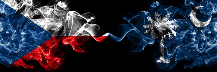 Czech Republic, Czech vs United States of America, America, US, USA, American, South Carolina smoky mystic flags placed side by side. Thick colored silky abstract smoke flags.