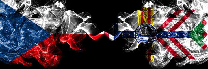 Czech Republic, Czech vs United States of America, America, US, USA, American, Tampa, Florida smoky mystic flags placed side by side. Thick colored silky abstract smoke flags.