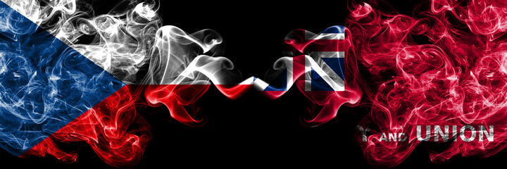 Czech Republic, Czech vs United States of America, America, US, USA, American, Taunton, Massachusetts smoky mystic flags placed side by side. Thick colored silky abstract smoke flags.